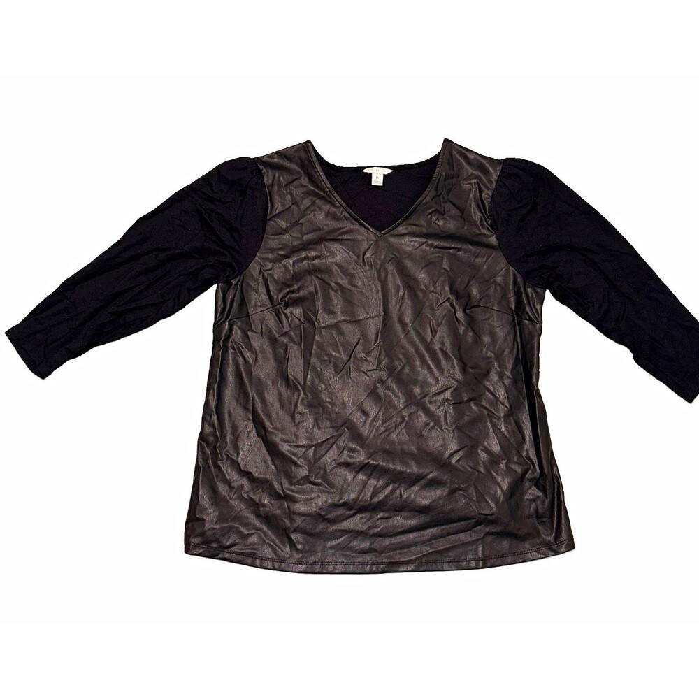 Est. 1946 Gothic Faux Leather V-Neck Top Black Long Sleeve Edgy Grunge Punk M